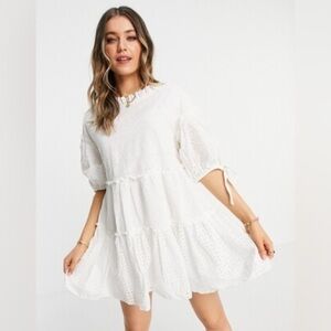 ASOS Just Me Broderie Anglais Eyelet Tiered Babydoll Miini Dress in White Size S
